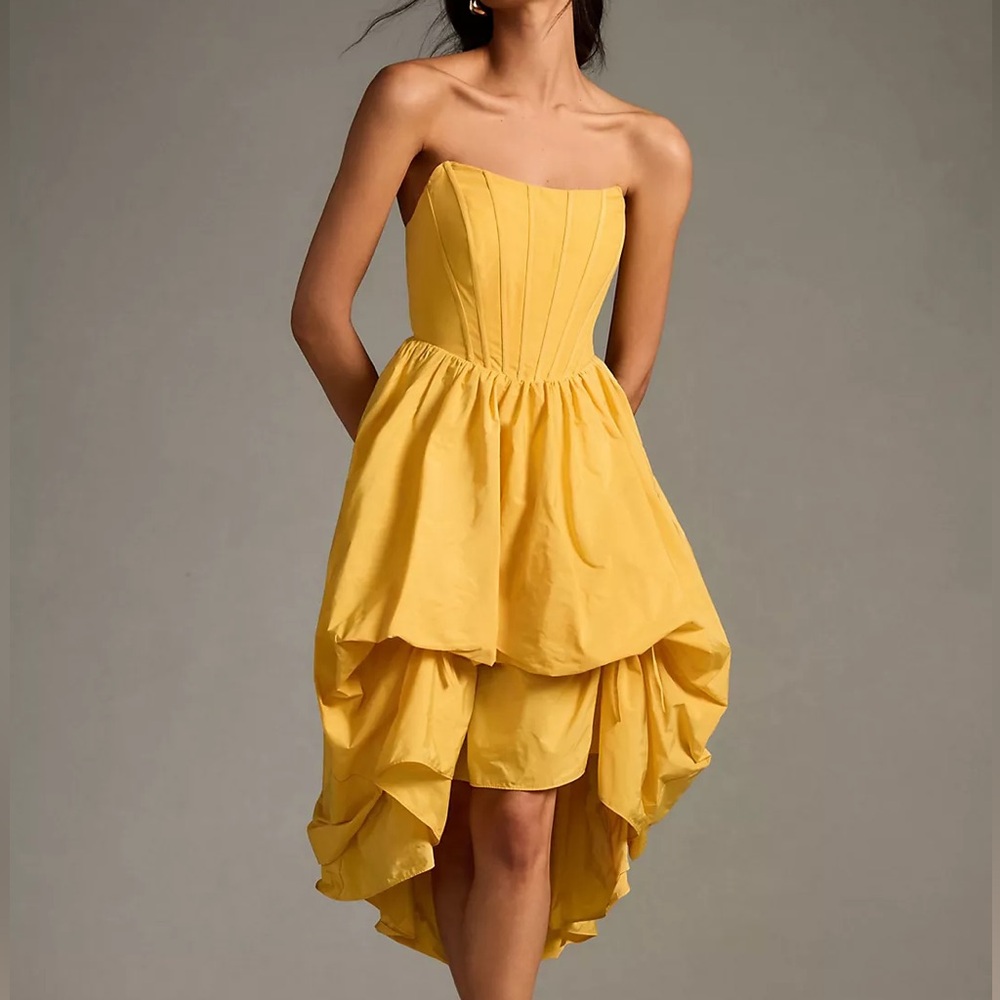 Yellow strapless bubble hem corset party dress